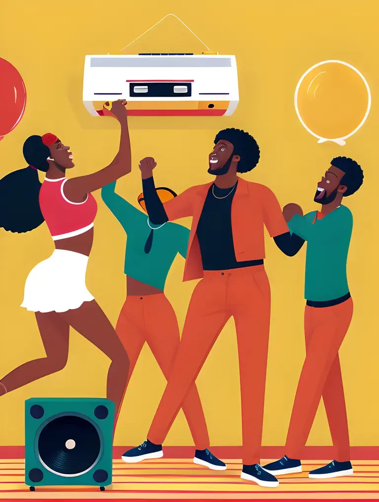 Colorful Living Room Dance Party with Fun Wallpaper