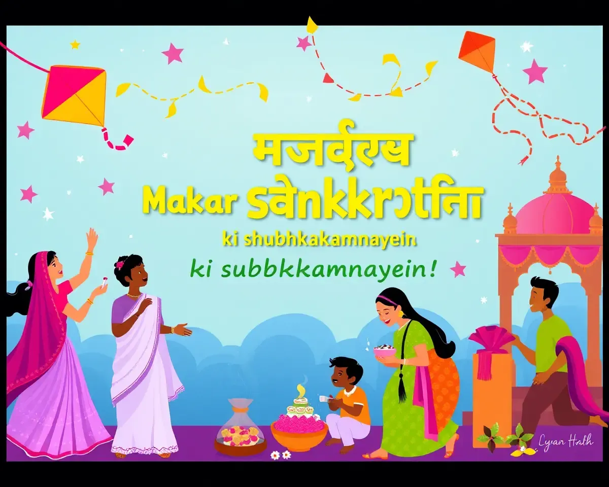 Colorful Makar Sankranti Festival Scene with Hindi Text