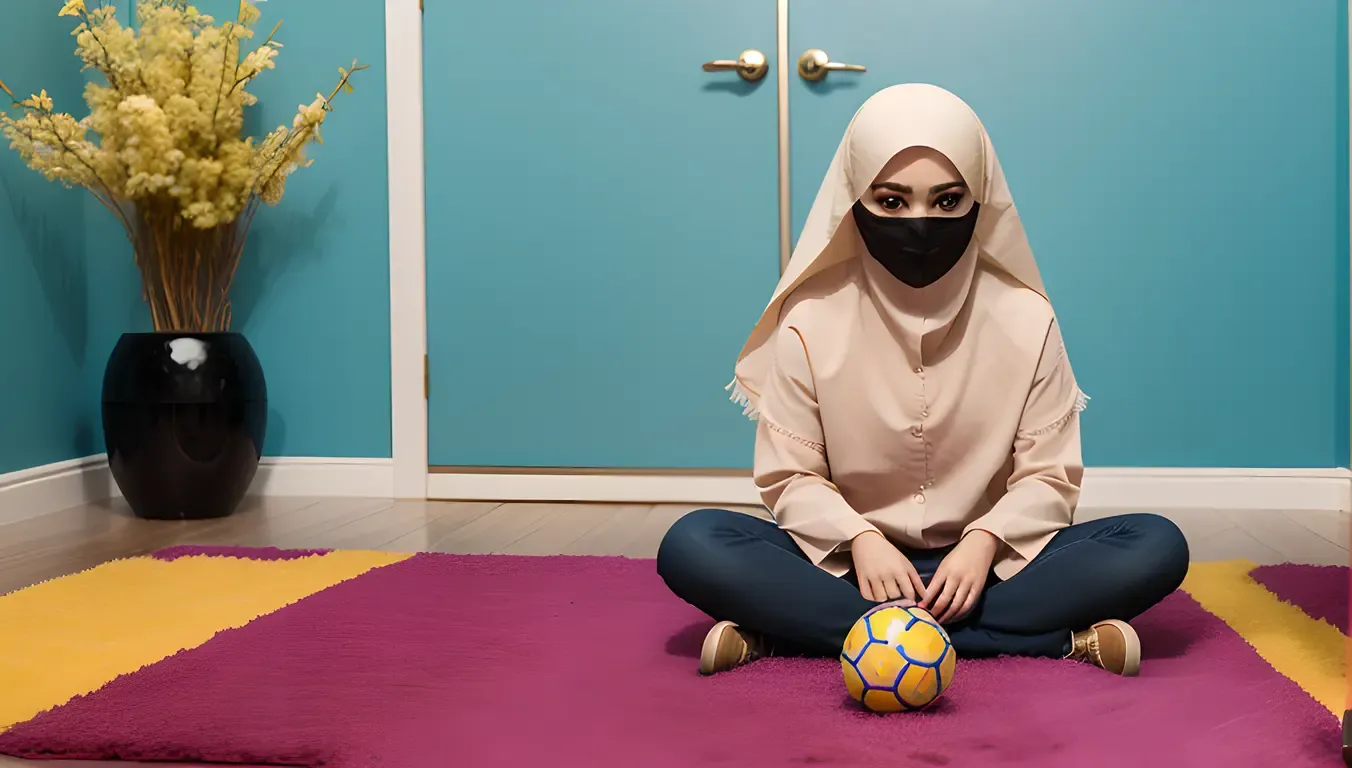 Colorful Niqab Girl Plays with Ball and Flowers