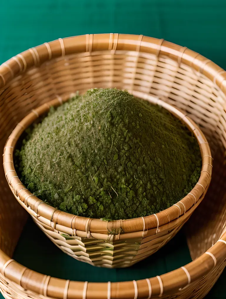 Colorful Pestle on Woven Basket with Fresh Herbs