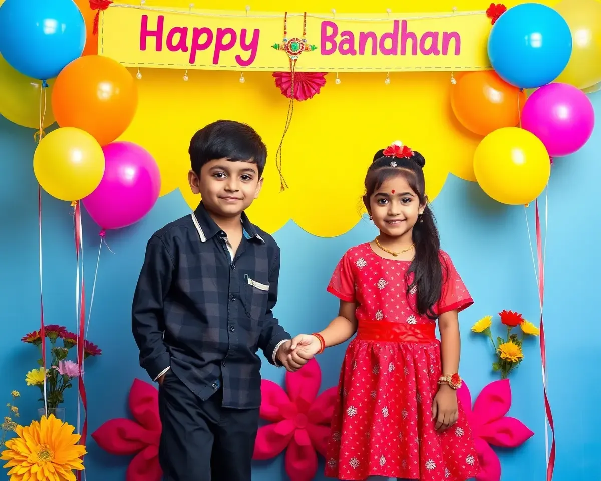 Colorful Raksha Bandhan Frame with Siblings Holding Hands