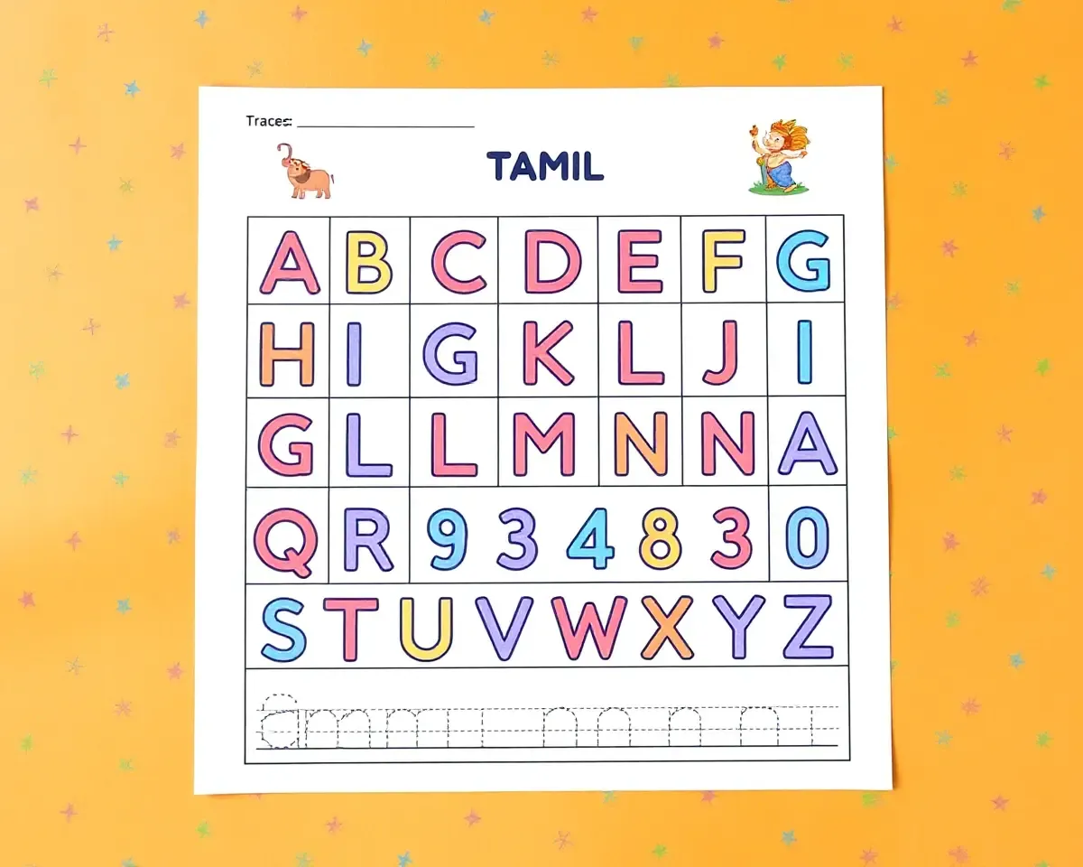 Colorful Tamil Alphabet Chart for Tracing Letters
