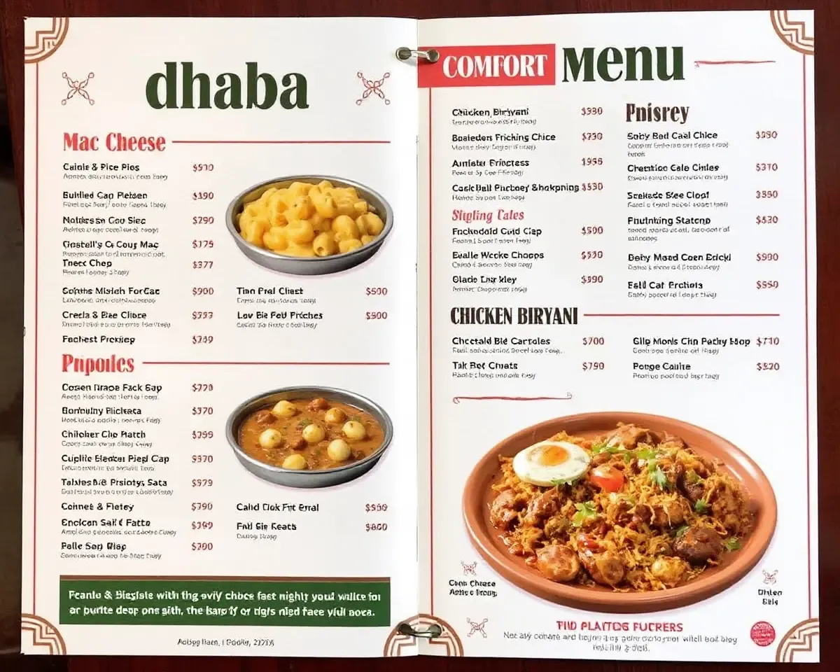 Comfort Food Dhaba Menu Card with Mac and Cheese and Chicken Biryani