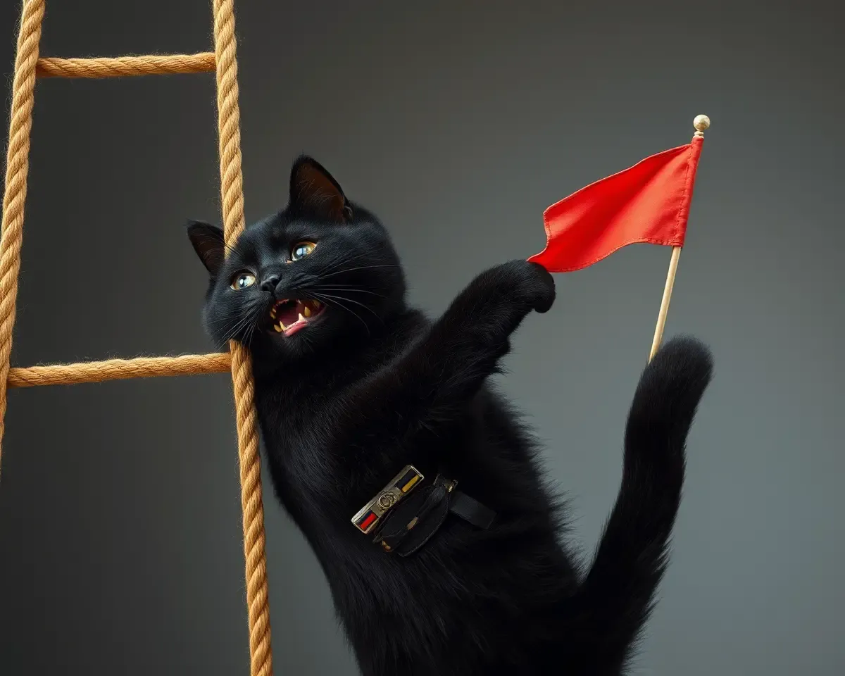 Commando Cat Climbs Rope Ladder for Toy Flag