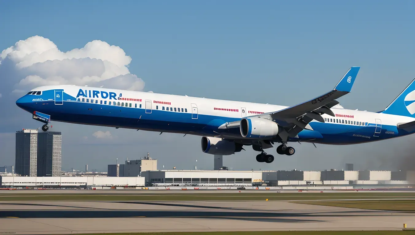 Commercial Airliner Taking Off: Cityscape in Background