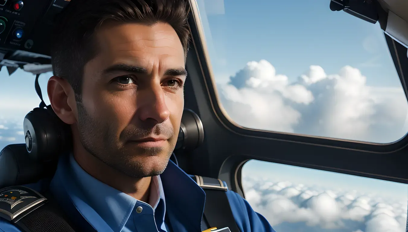 Commercial Pilot's Serious Expression Amidst Cloudy Skies