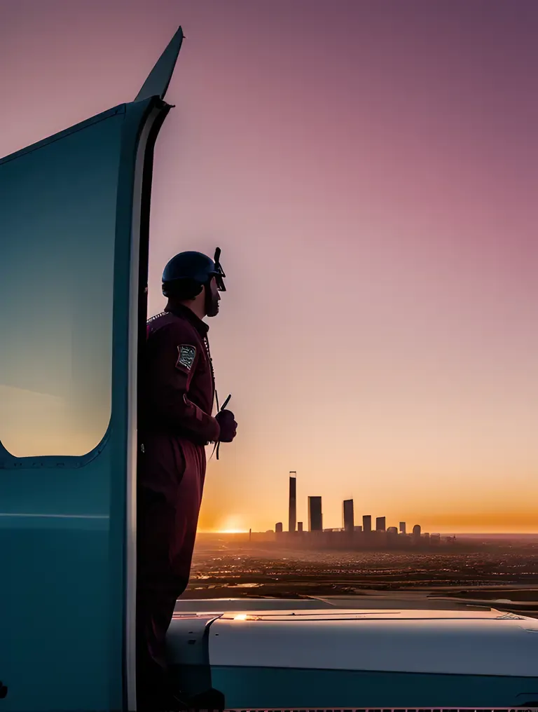 Commercial Pilot Wallpaper HD: Pilot at Plane Entrance with Red Background