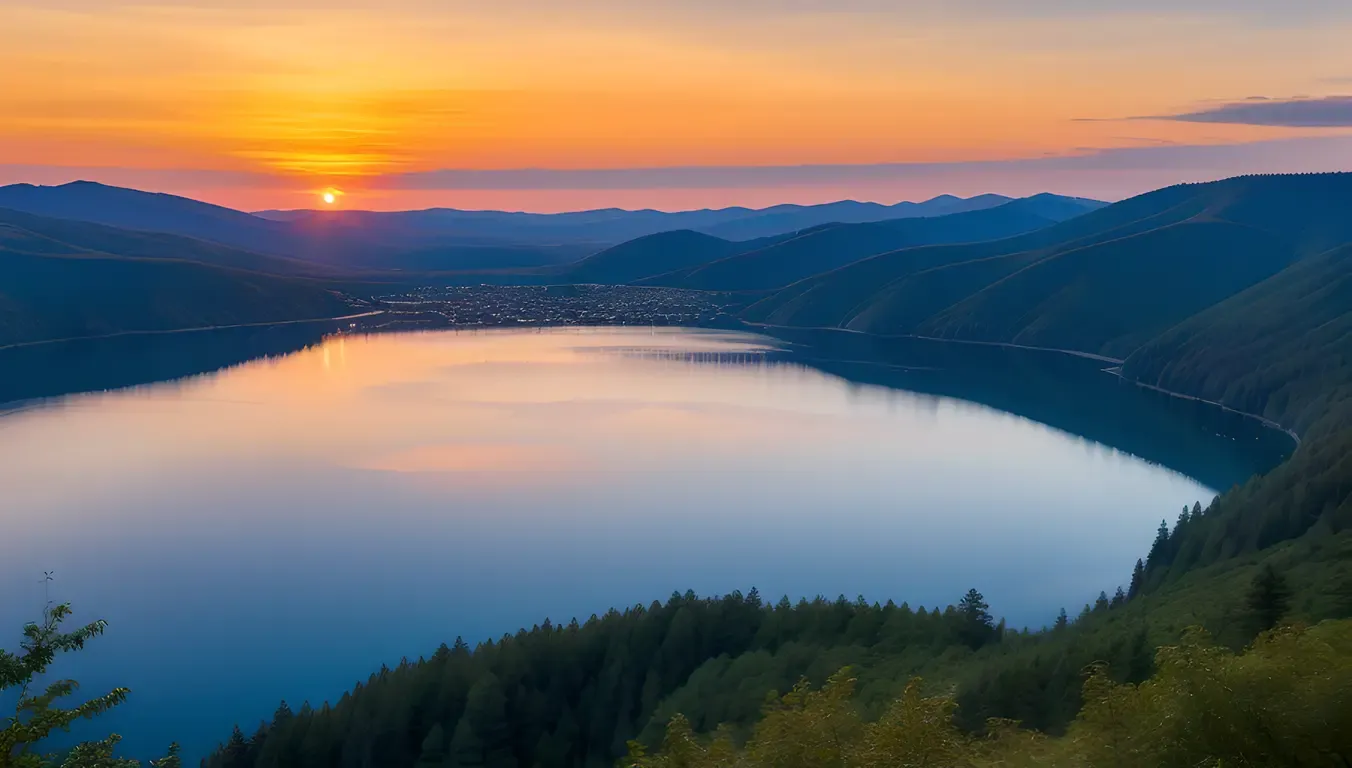 Commercial Plane Over Peaceful Lake at Dawn: Serene