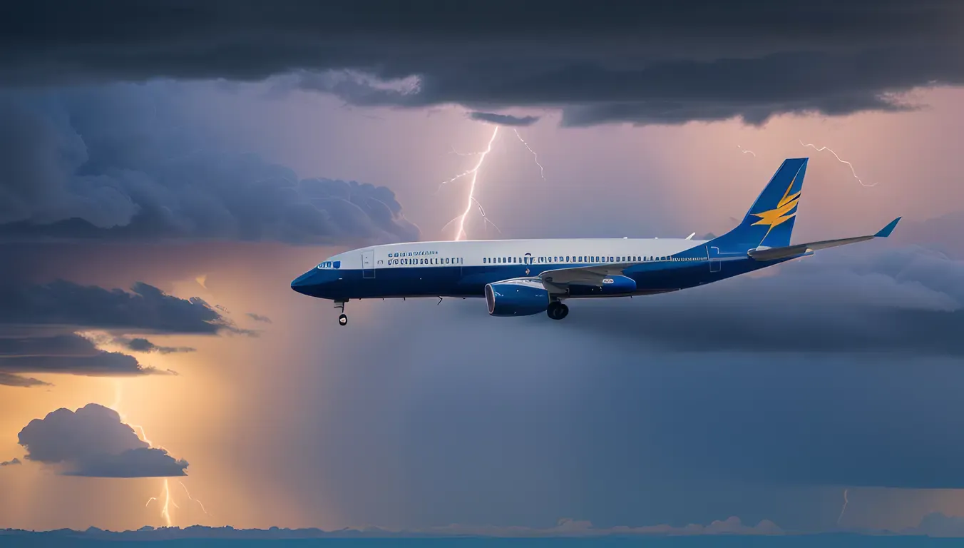 Commercial Plane in Stormy Sky: Lightning and Thunderclouds