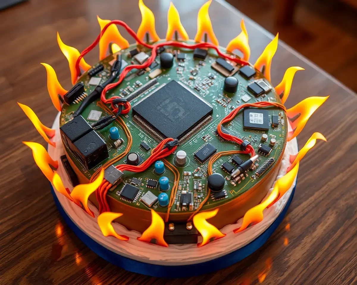Computer Motherboard Cake with Wires and Chips.