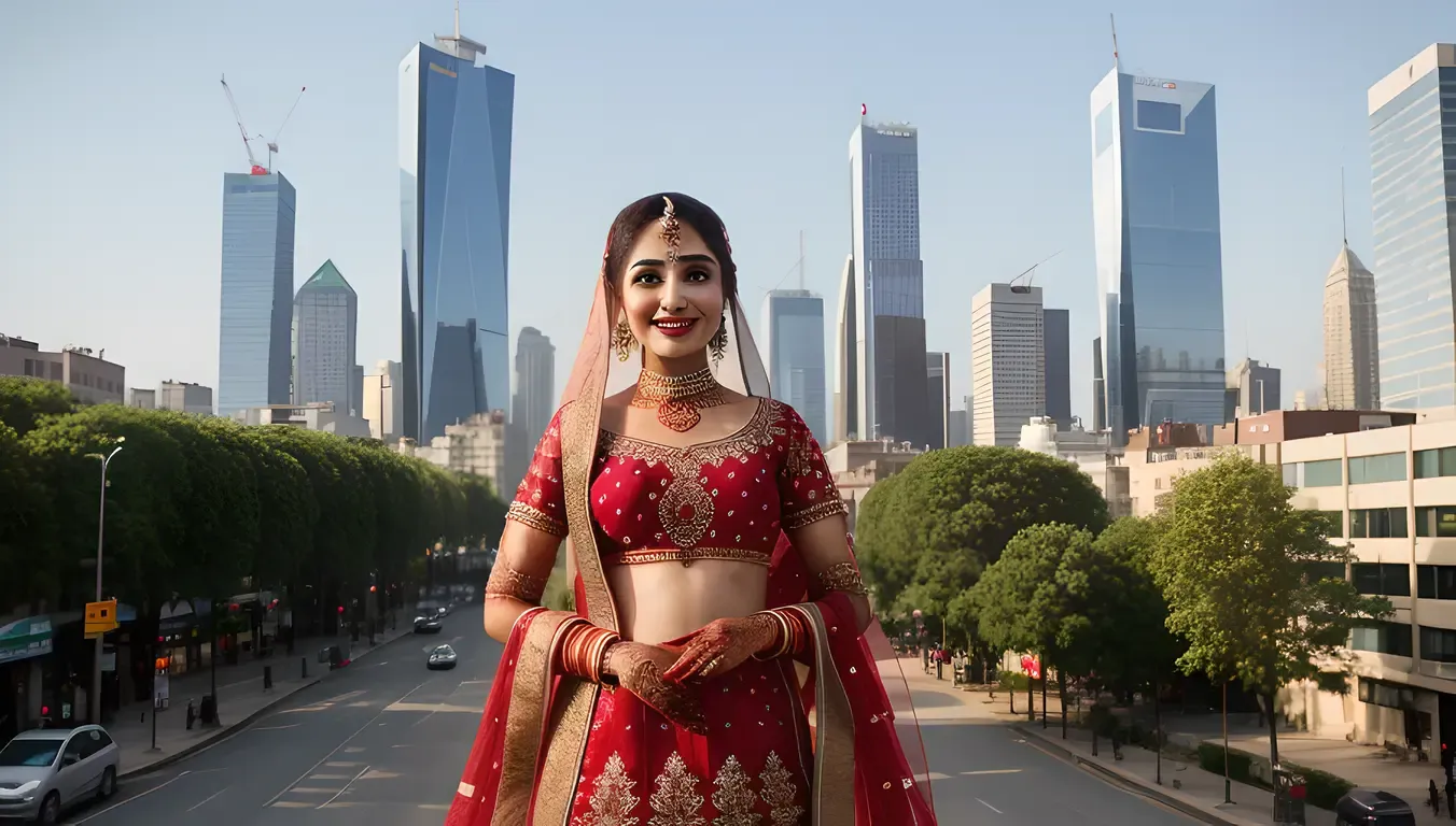 Confident Dulhan in Front of Bustling Cityscape