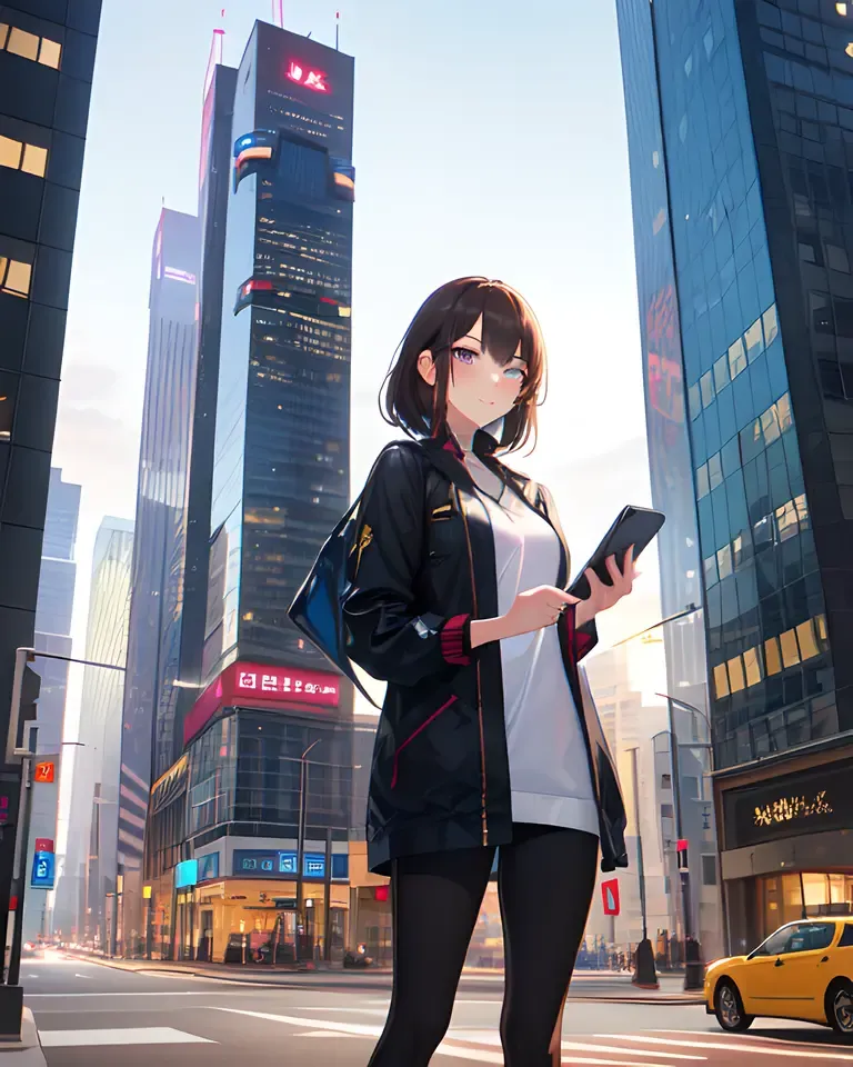 Confident Gril in Futuristic City with Tablet in Hand