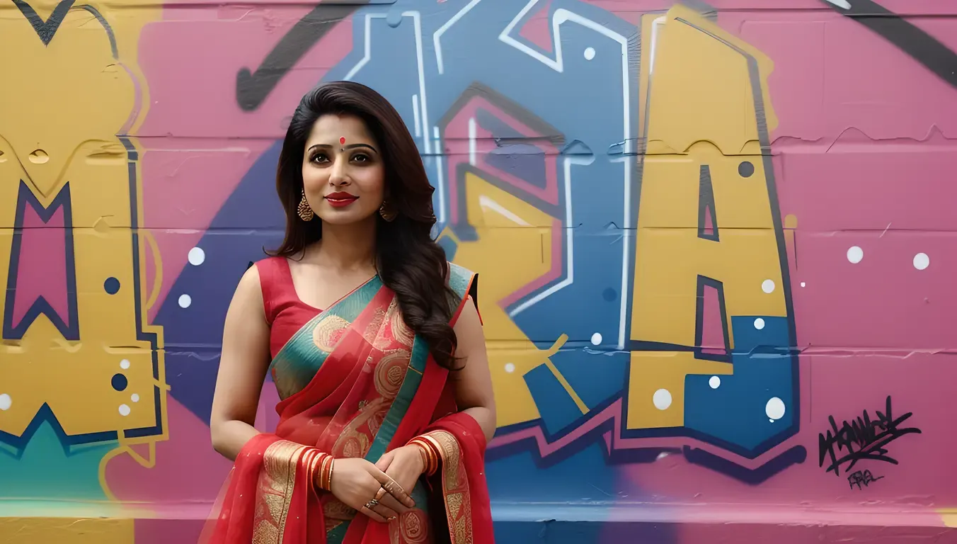 Confident Indian Bhabhi in Trendy Outfit with Graffiti