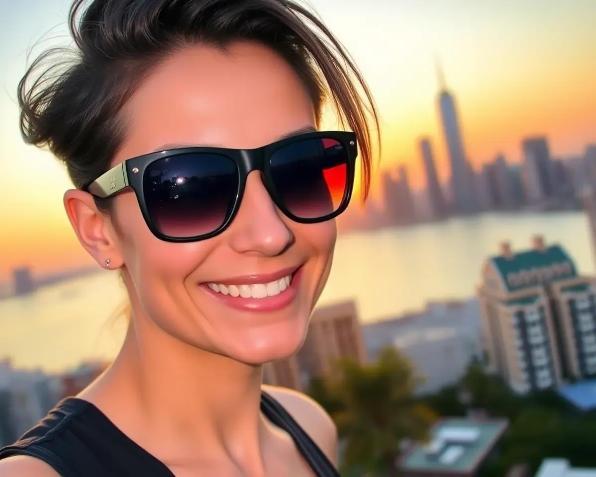 Confident Person Wearing Sexxxy Sunglasses at City Skyline Sunset