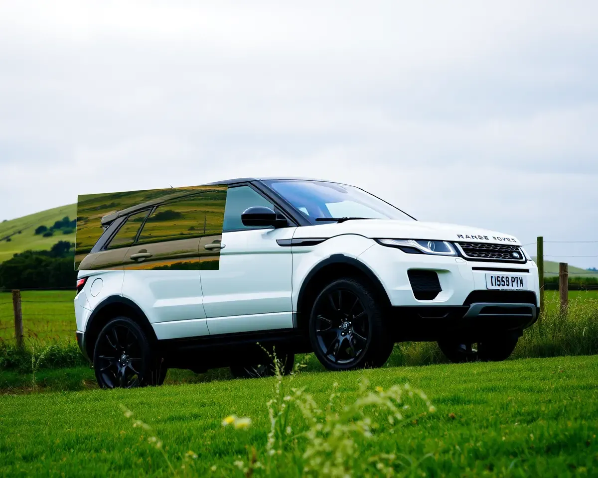 Connected Range Rover Evoque in Scenic Countryside with Rolling Green Hill Background