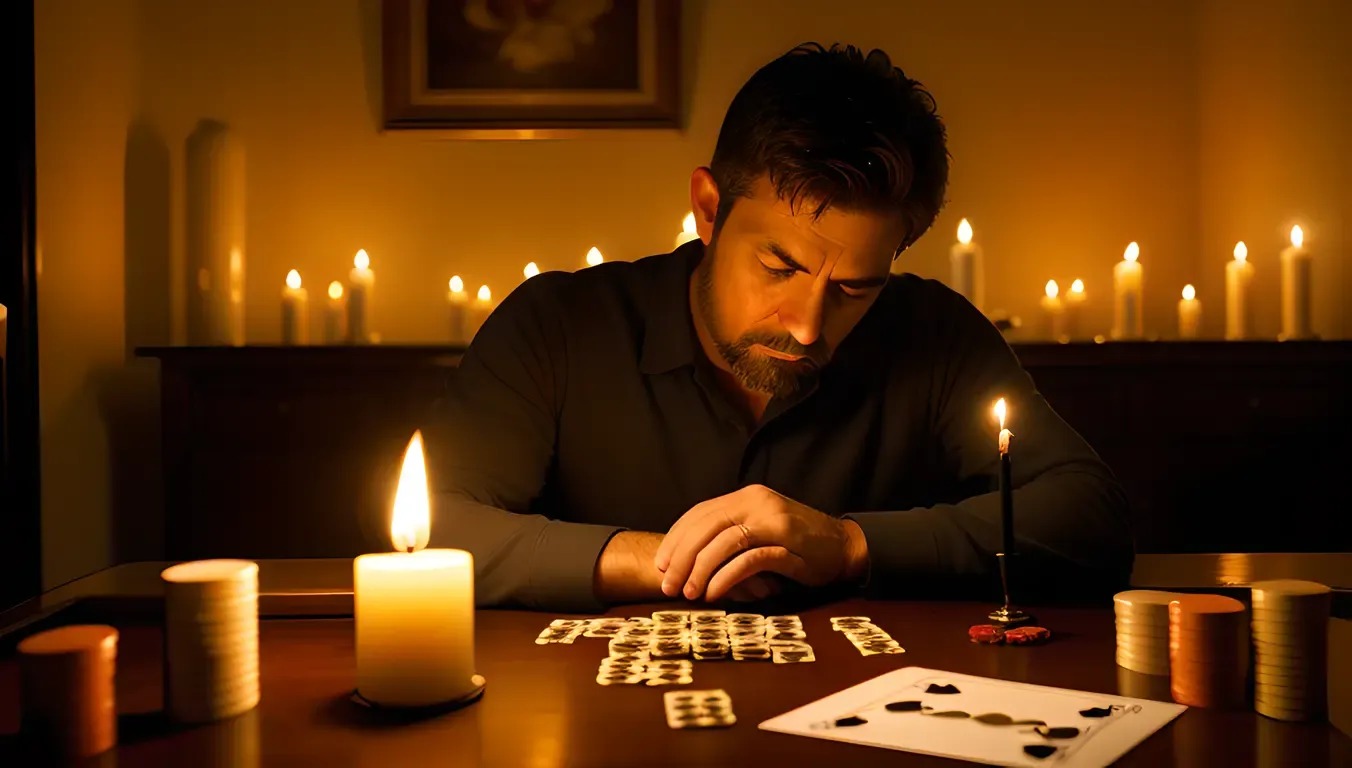 Contemplative Rummy Player with Single Candle and Cards