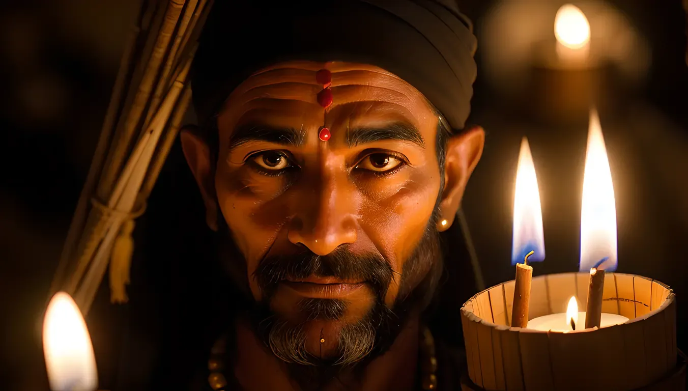 Contemplative Sadhu in Dimly Lit Cave with Candles