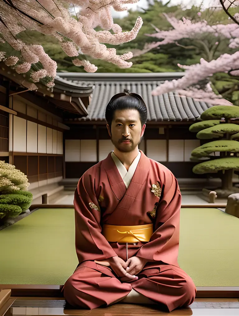 Contemplative Samurai Profile Pic in Japanese Garden