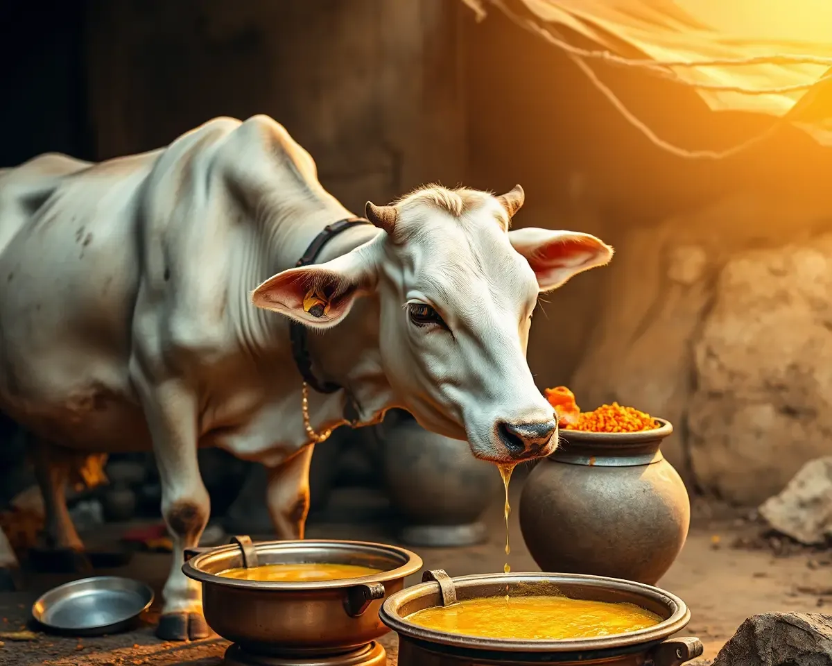 Cow Drinking from Pongal Pot with Rustic Background PNG