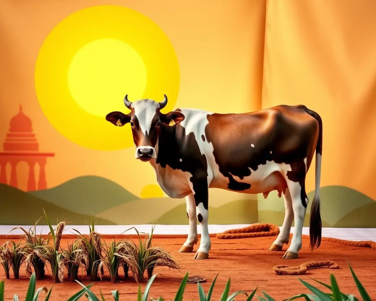 Cow in Front of Pongal Backdrop with Paddy Plants PNG