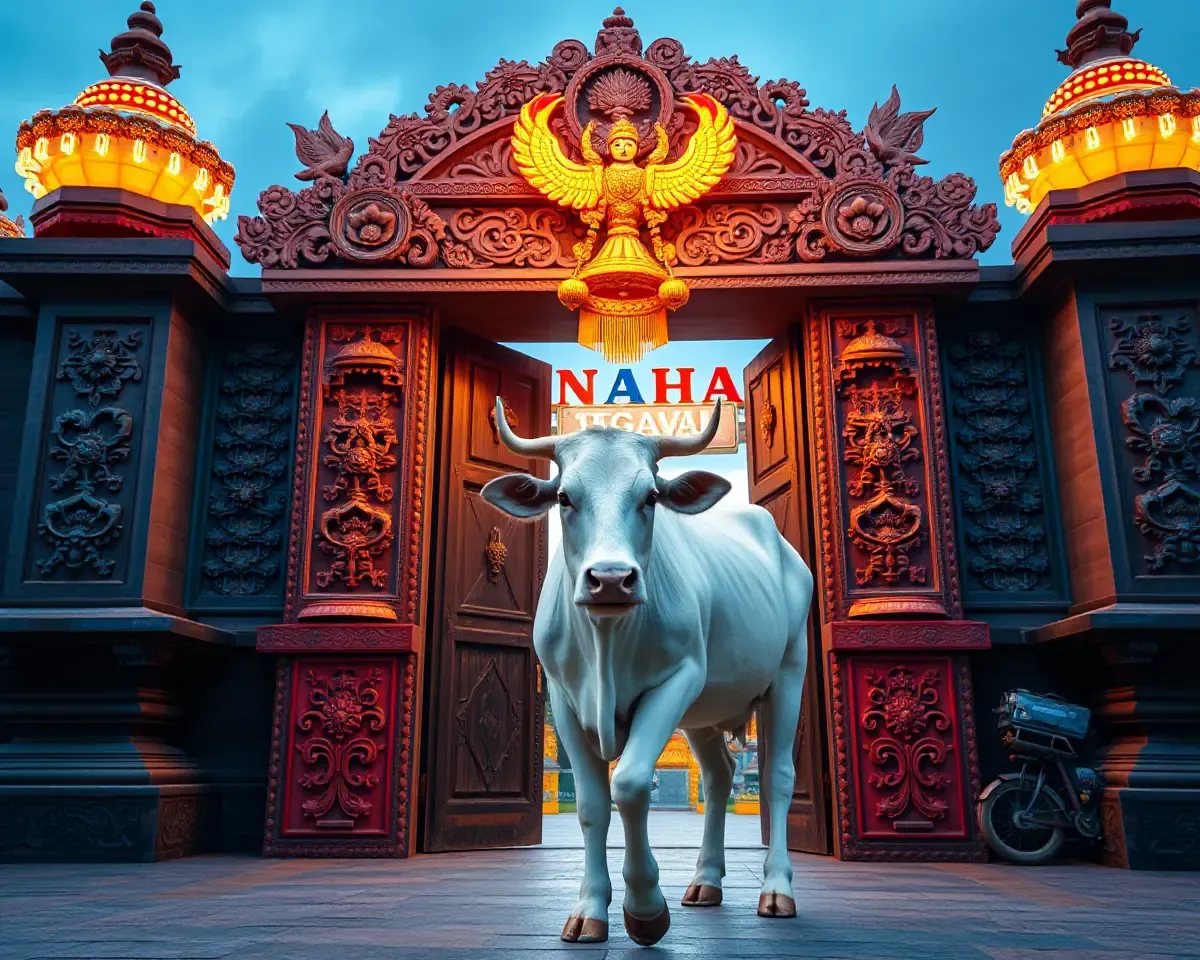 Cow in Front of Pongal Gate with Intricate Carvings PNG