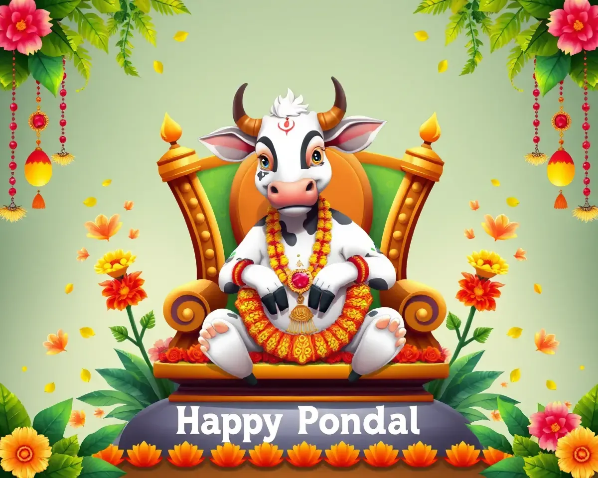 Cow on Pongal Throne with Flowers and Leaves PNG