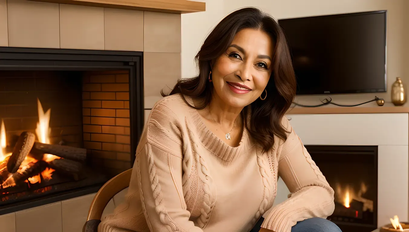 Cozy Beauty Aunty with Family Photos and Fireplace