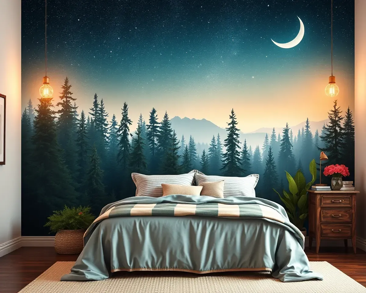 Cozy Bedroom with Peaceful Forest Mural Background