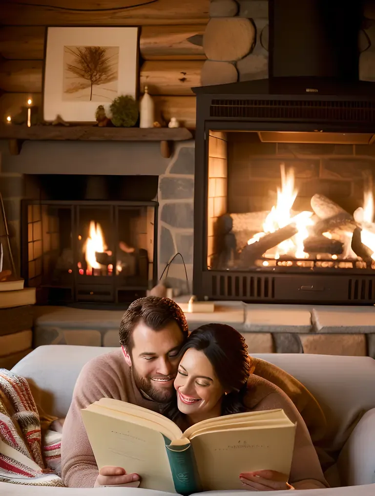 Cozy Cabin Background with Snuggled Husband and Wife