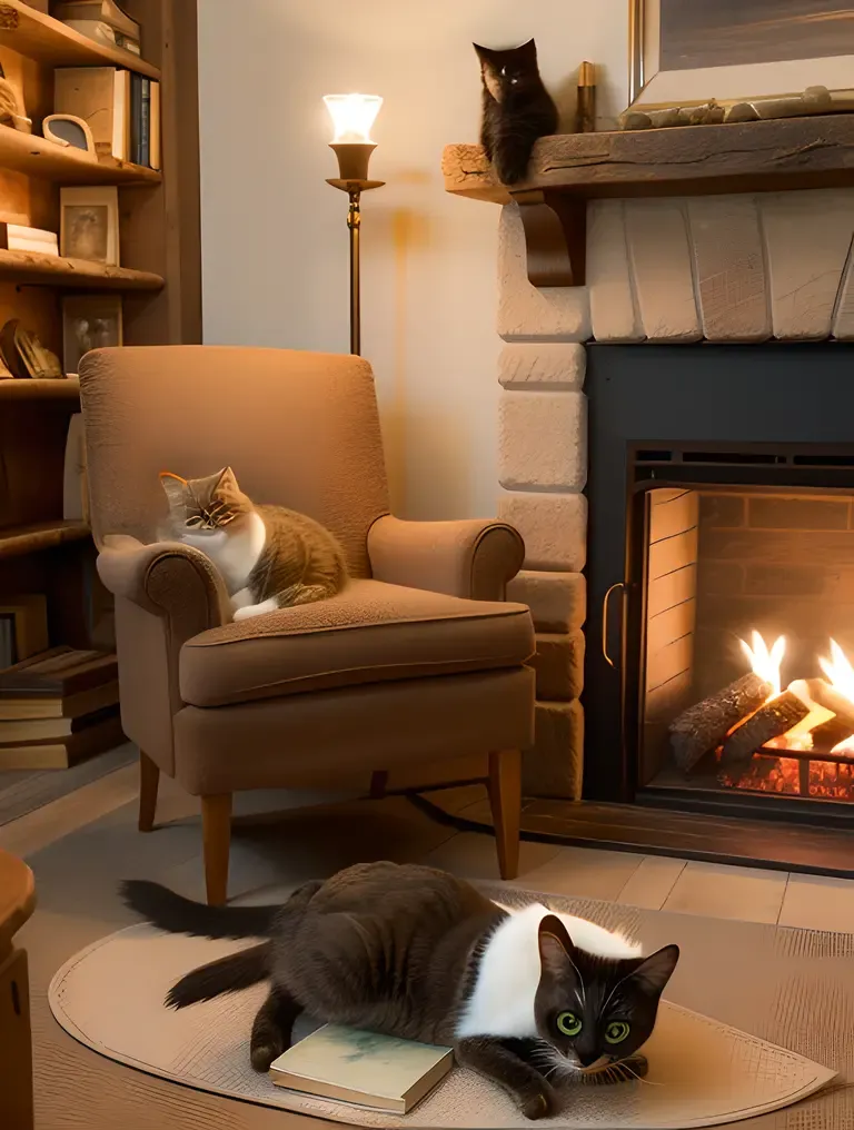 Cozy Chara with Books and Cats by Fireplace