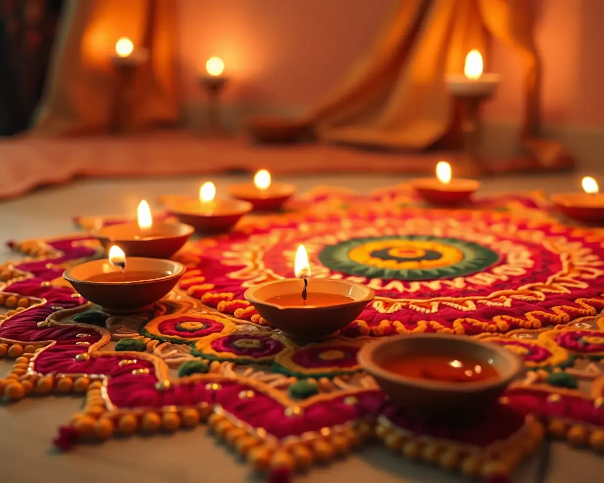 Cozy Dhanteras Decorations with Rangoli and Diyas