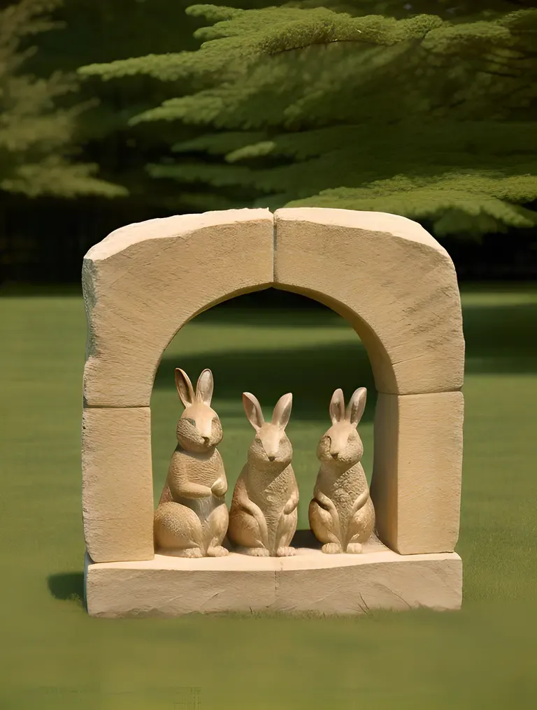 Cozy Family of Rabbits in Stone Carving Meadow