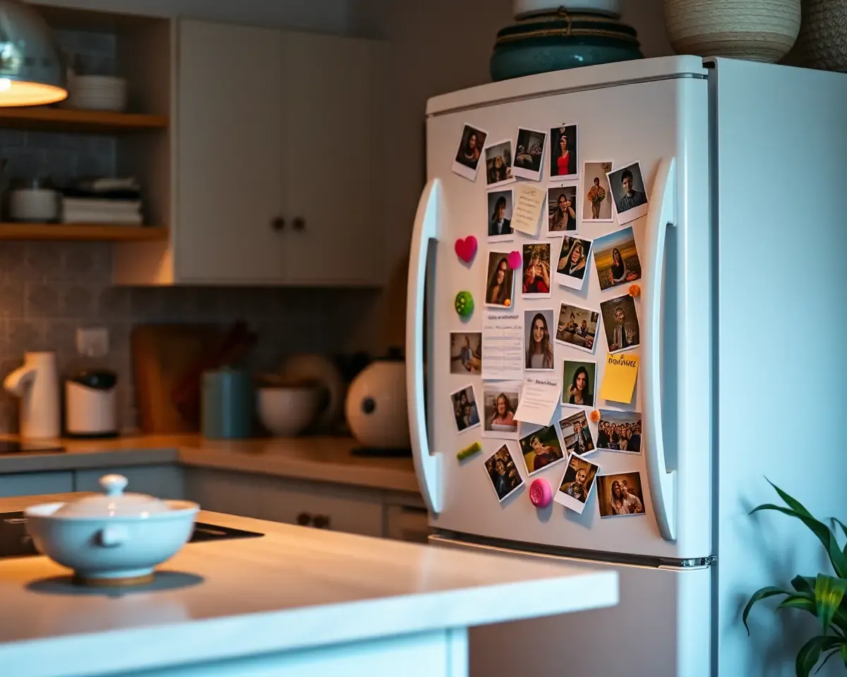 Cozy Fridge Magnet Mockup on Kitchen Counter with Notes.