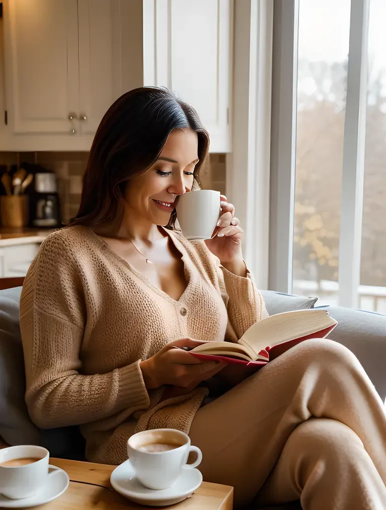 Cozy Housewife with Coffee and Book at Home