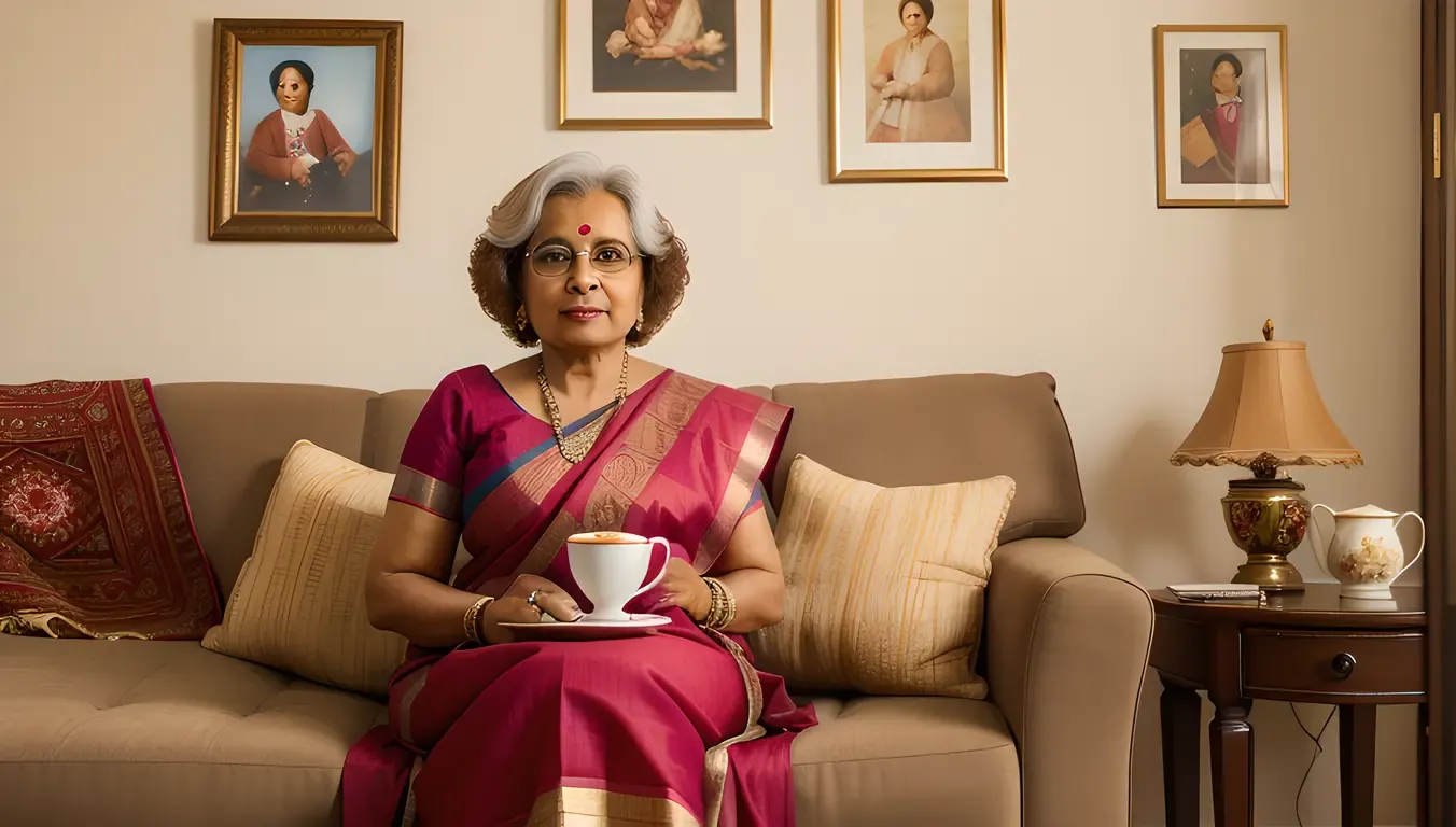 Cozy Indian Aunty Sips Tea Amidst Family Photos and Heirlooms