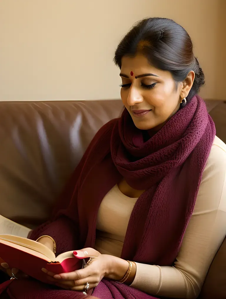 Cozy Indian Bhabhi Reading Book with Coffee