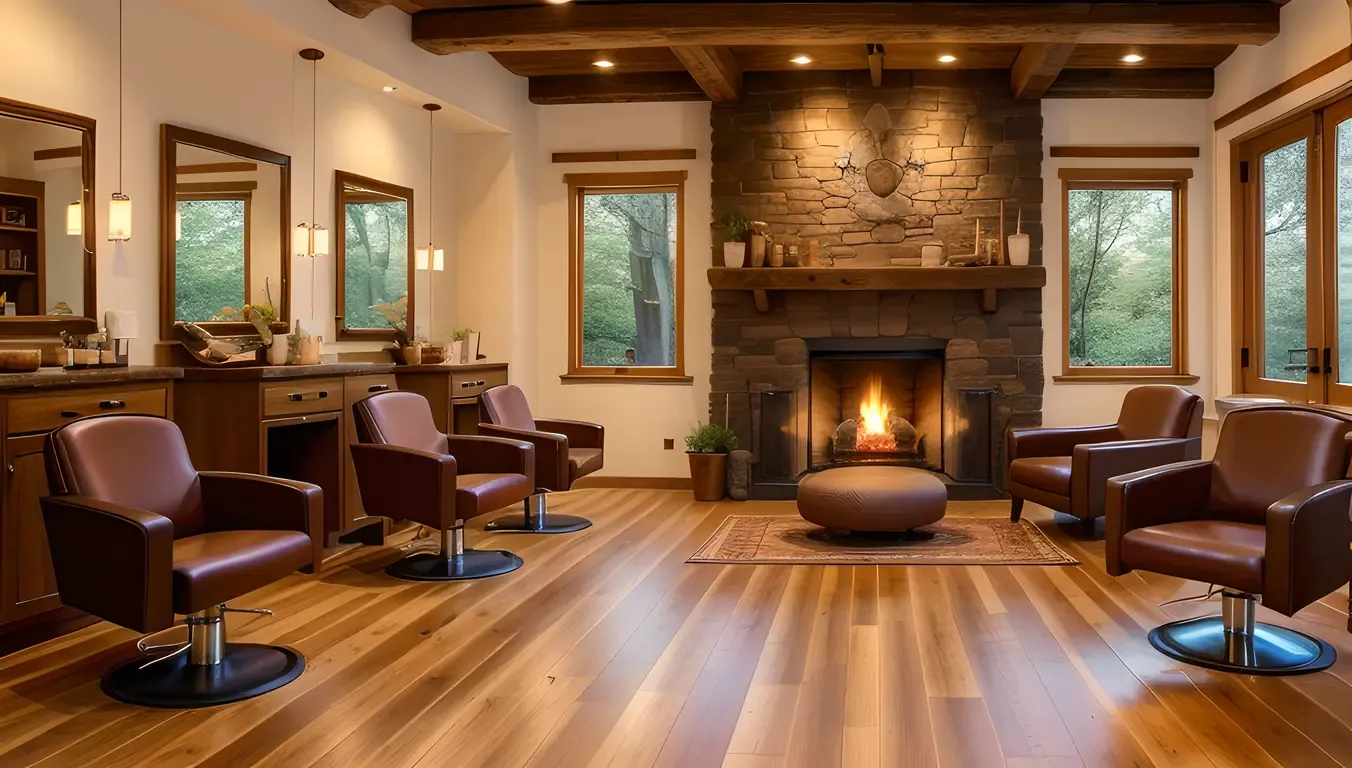 Cozy Ladies Salon with Warm Fireplace and Rustic Wooden Floor