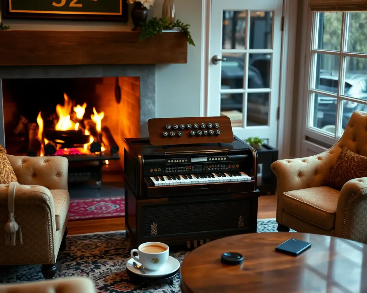 Cozy Living Room with Harmonium and Coffee