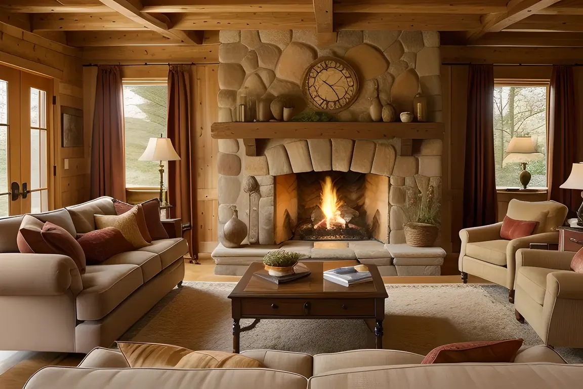 Cozy Living Room with Plush Couches and Crackling Fire