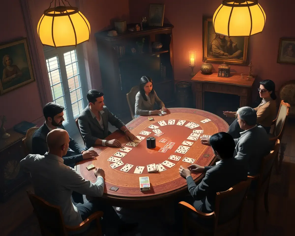 Cozy Rummy Game Room with Players and Warm Glow
