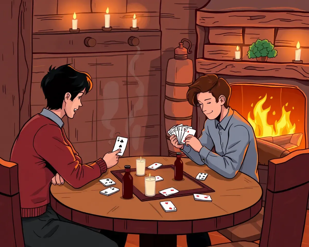 Cozy Rummy Game on Rustic Wooden Background with Fireplace
