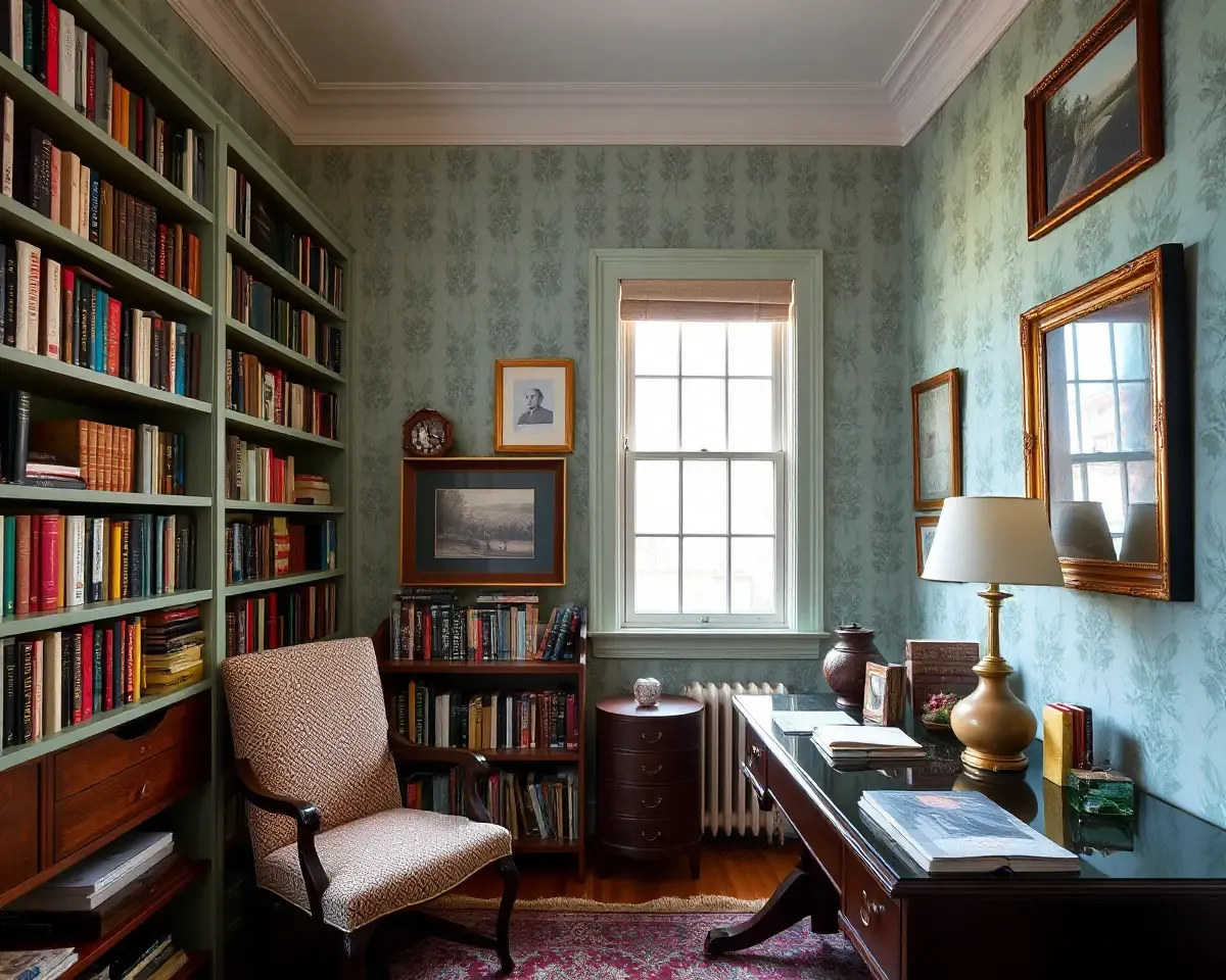 Cozy Study with Bookshelf Mint Green Wallpaper