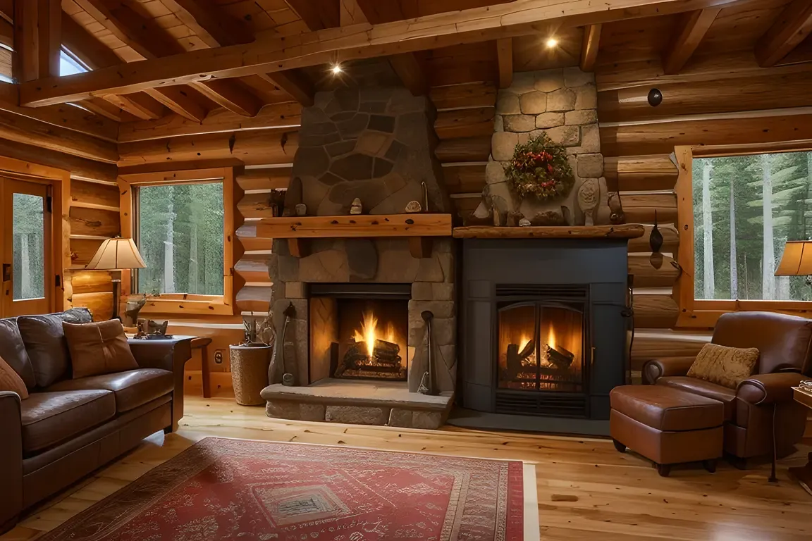 Cozy cabin with fireplace and warm light zzzzzz.