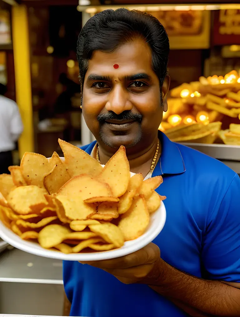 Crispy Fried Murukku Chips on Traditional Indian Snack Vendor's Plate