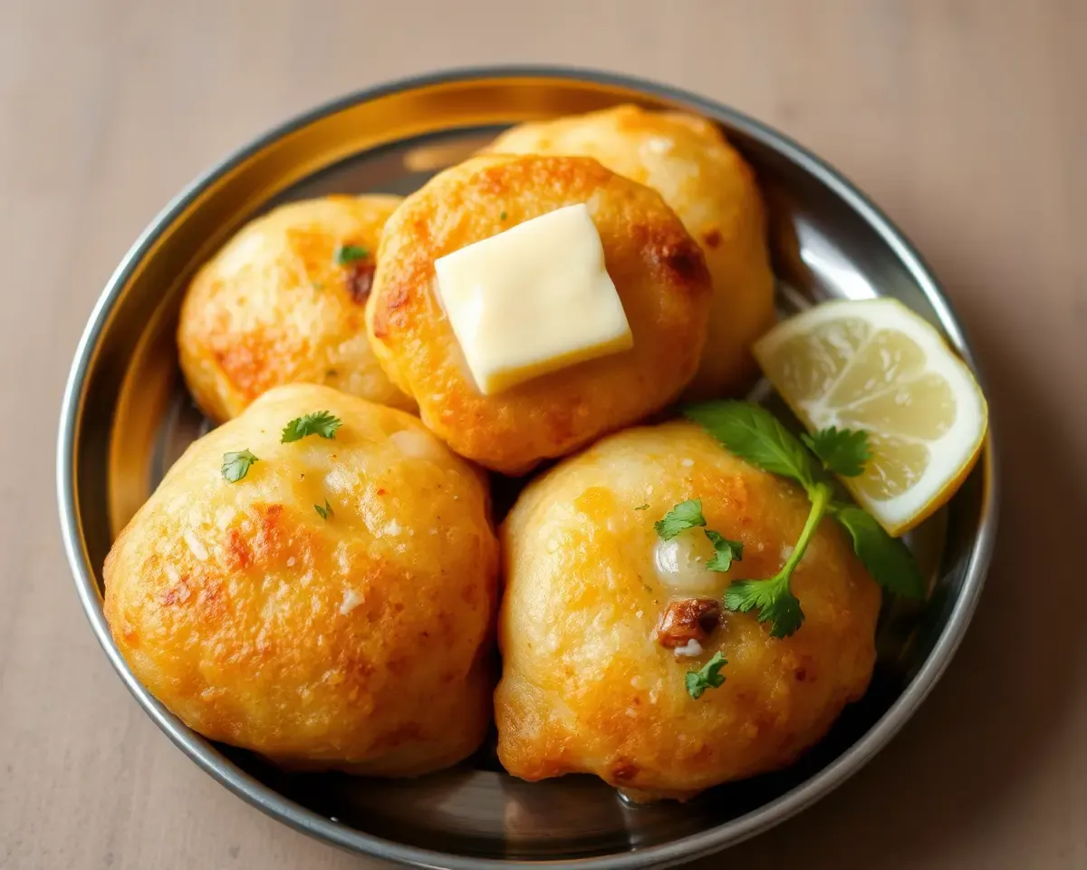 Crispy Paniyaram with Butter and Cilantro Garnish