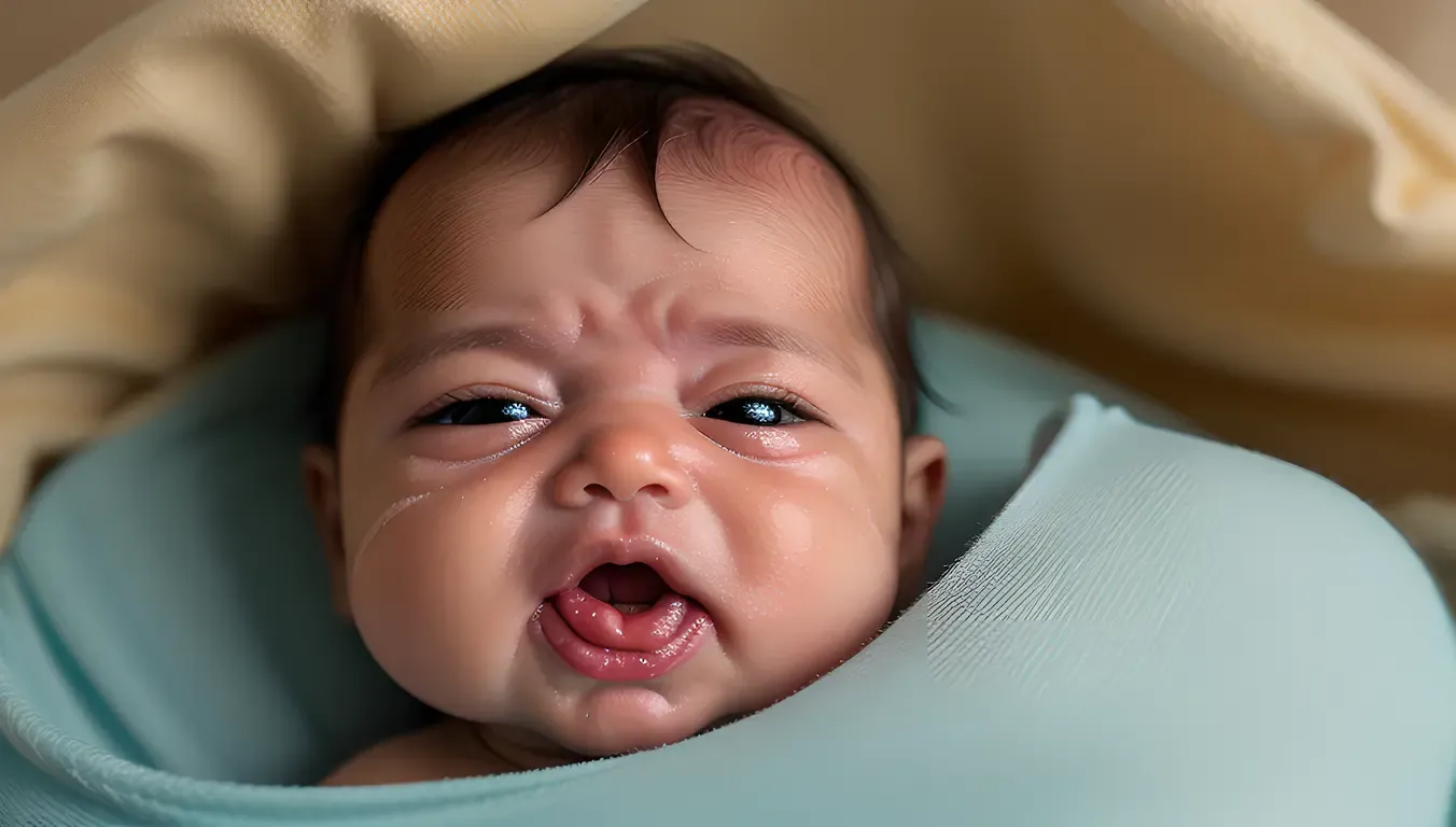 Crying Baby's Tear-Stained Face in Soft Focus