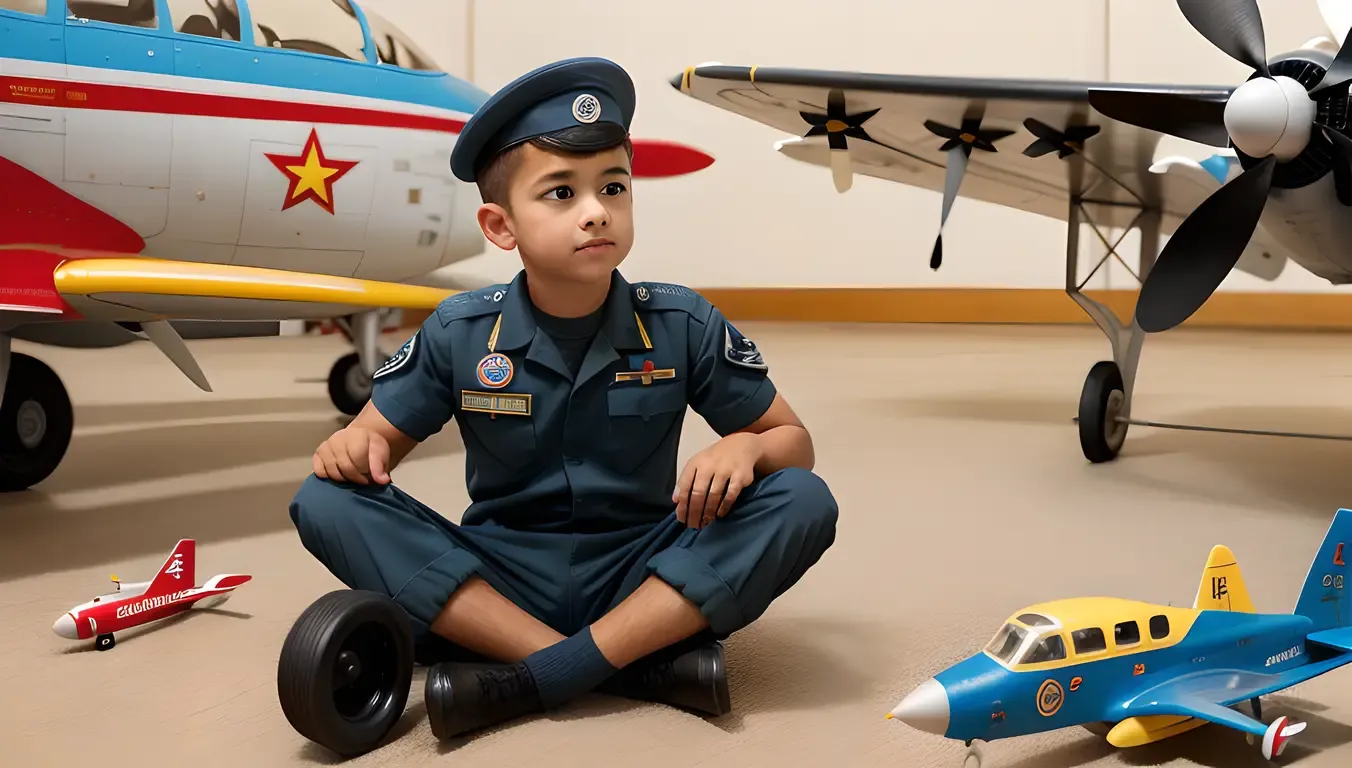 Curious Air Force Boy in Hangar with Toy Planes