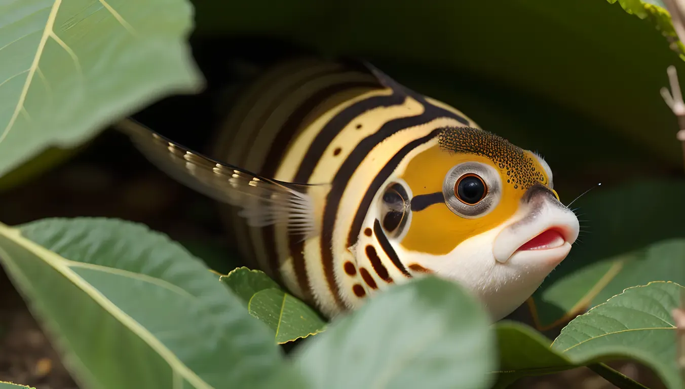 Curious Puffer Fish Peeking from Seaweed Leaf