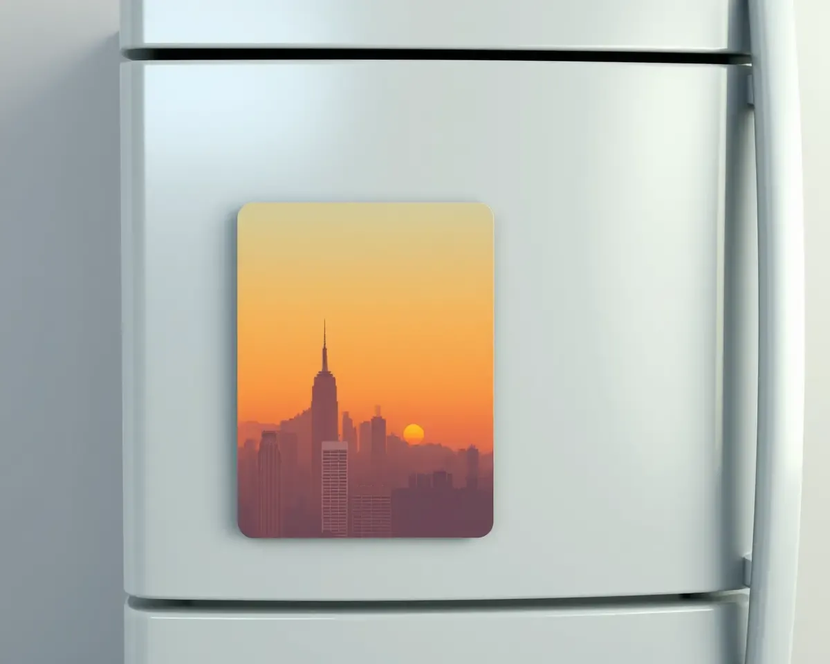 Custom Fridge Magnet Mockup with Cityscape Illustration Design.