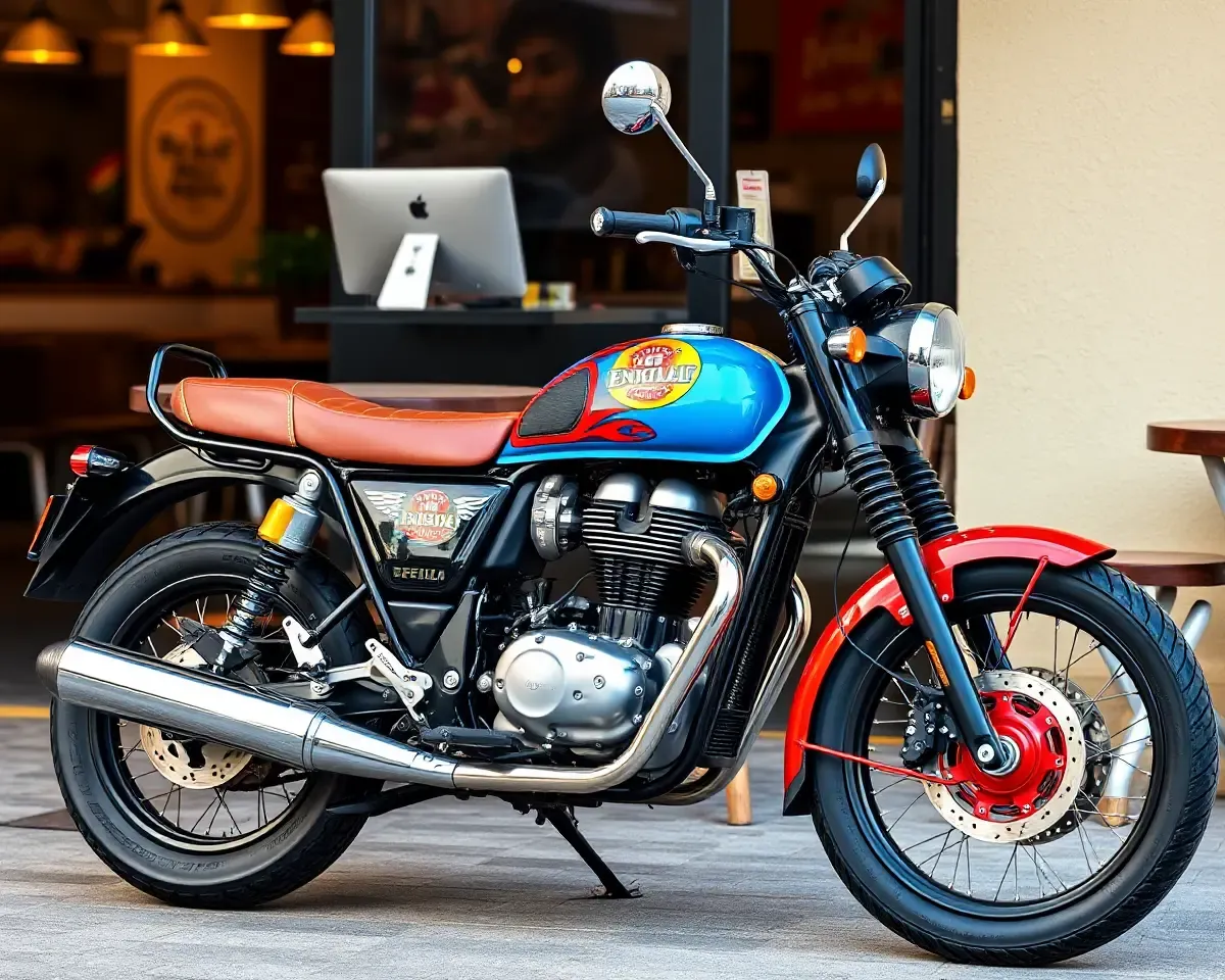 Customized Royal Enfield Motorcycle in Trendy Cafe